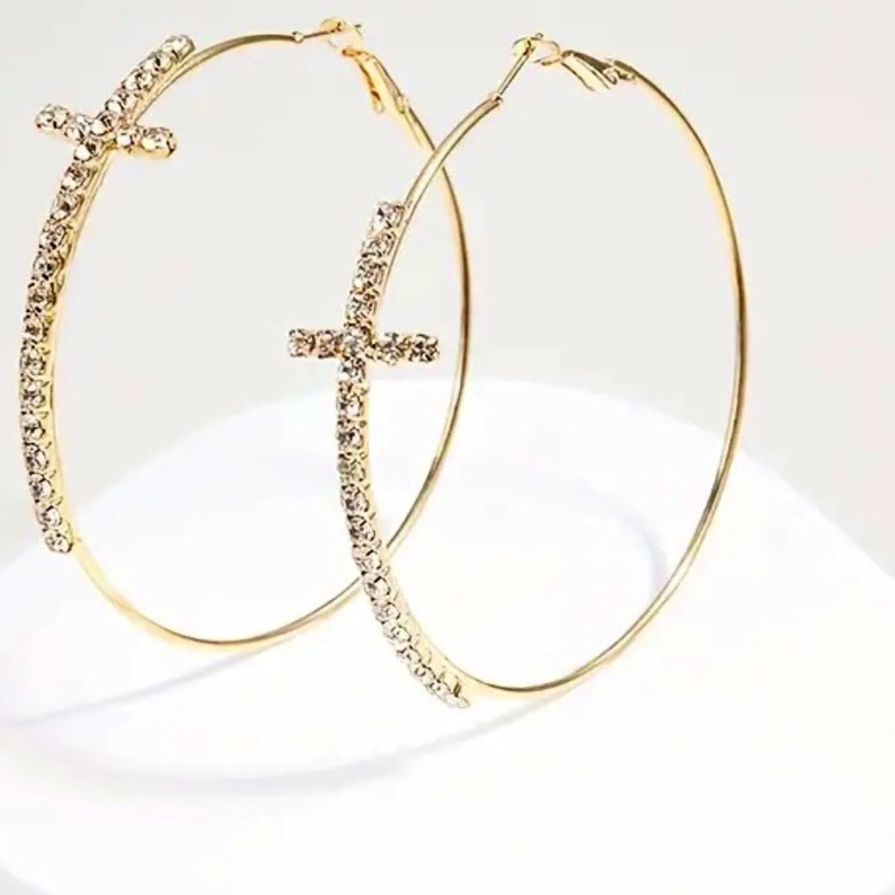NEW! Cross Rhinestone Hoop Earrings